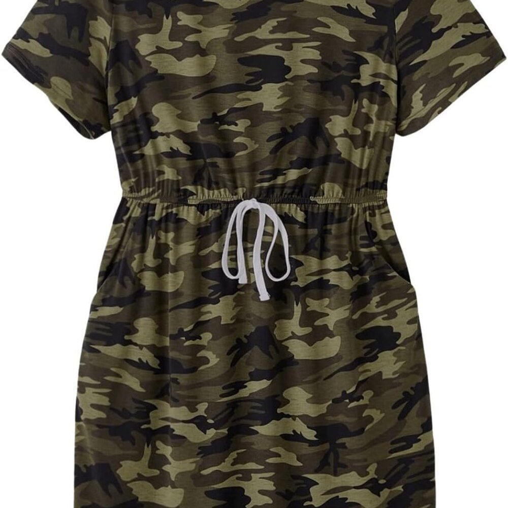 Women's Plus Size Camo Print Dress Short Sleeve Tie Front Summer Casual
